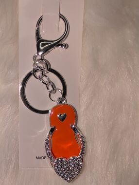 Orange Flip-Flop Heart Keychain with Rhinestone Accent